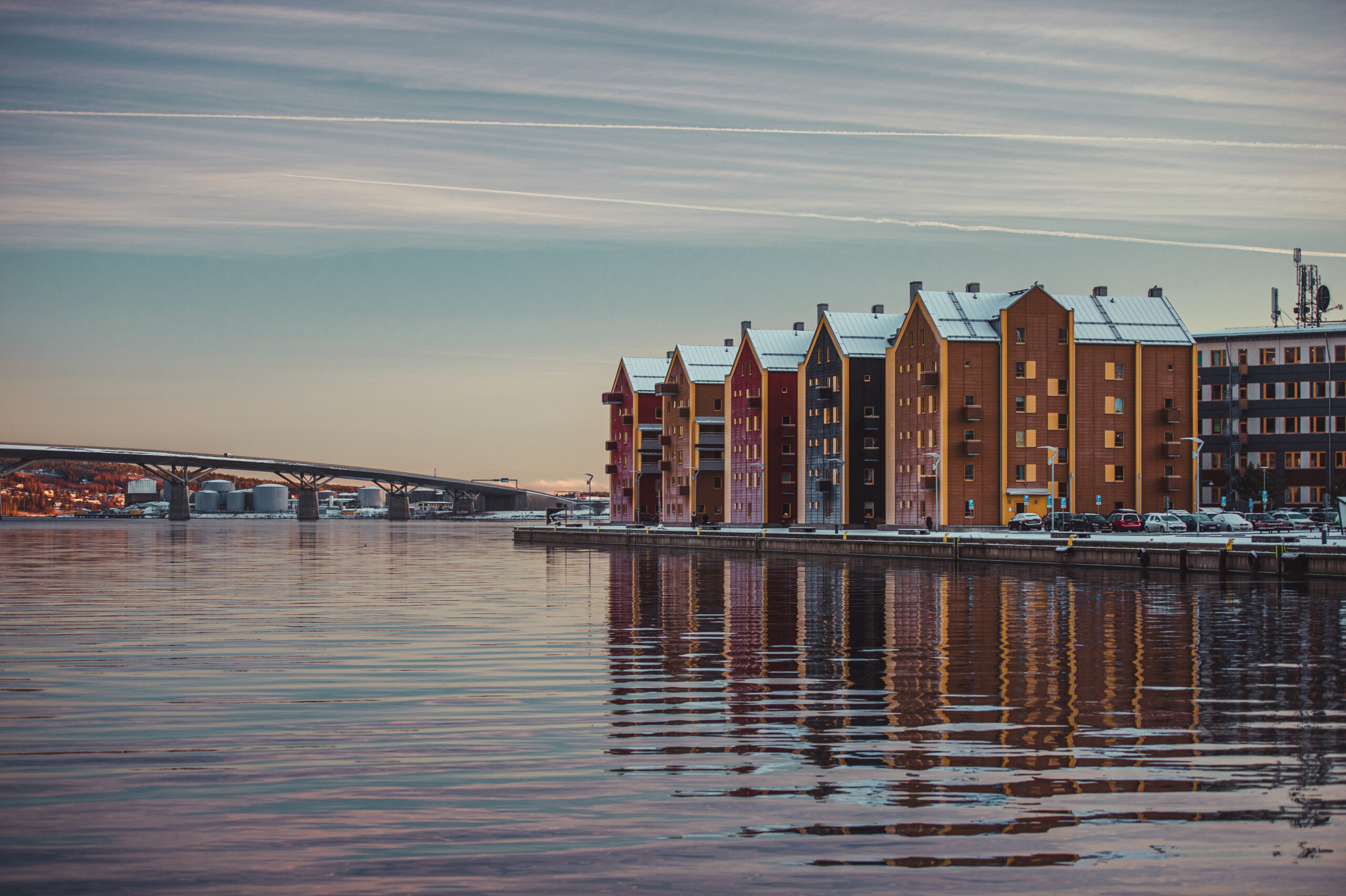 Buildings by the water.